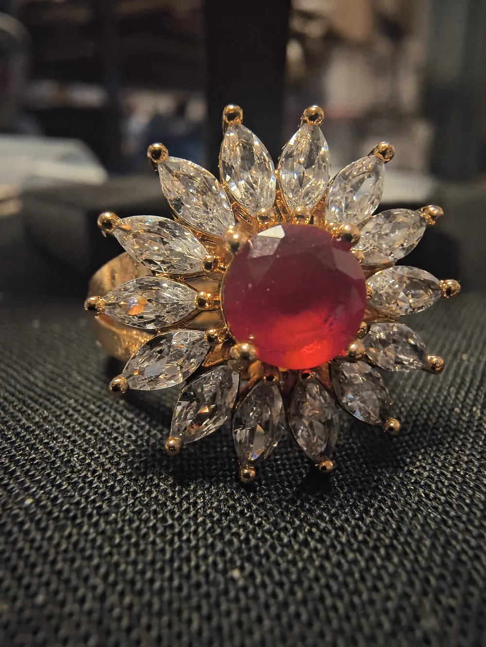 Gold Floral Ring with Red Center and Clear Crystal Petals